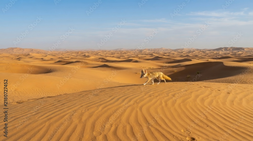 Obraz premium Fennec Fox in the Desert Dunes: A lone fennec fox with large ears navigates the vast, sun-drenched desert landscape, its silhouette stark against the golden sand dunes under a clear blue sky.
