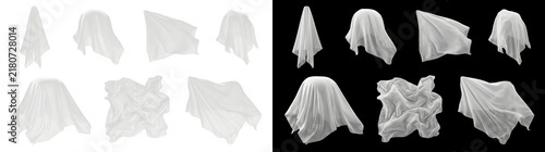 Silk white ghost like fabric drapes float into seven distinct shrouded shapes for halloween design PNG, Transparent and Black Background Versions for editing