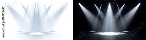 Spotlight multiple crossing white stage light beams illuminate empty concert floor with rigging above for design PNG, Transparent and Black Background Versions for editing