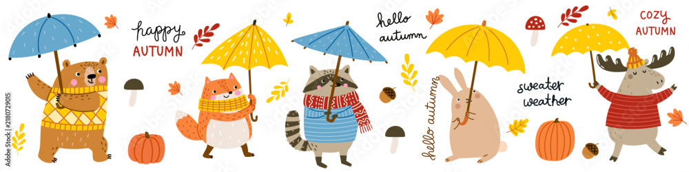 Fototapeta premium Cute autumn animal collection with moose, fox, rabbit, raccoon and bear wearing cozy sweaters and holding umbrellas. Hand drawn vector illustrations for seasonal designs, stickers and prints. Vector