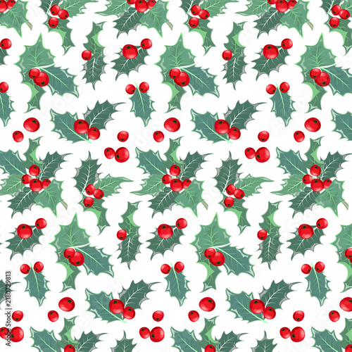 White background with holly berries on branches.Vector seamless pattern of green holly with red berries on a white background.