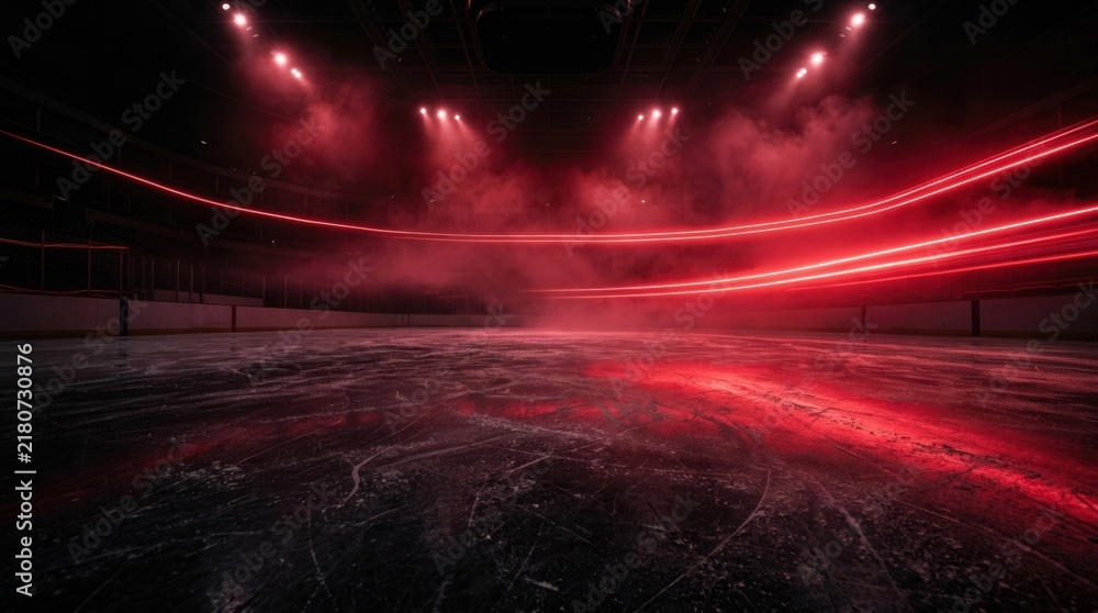 Obraz premium Red ice rink backdrop with neon lights and smoke for hockey competitions.