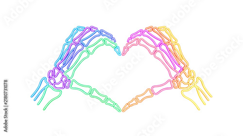 Colorful neon skeleton hands forming a heart shape isolated on transparent background for Halloween design