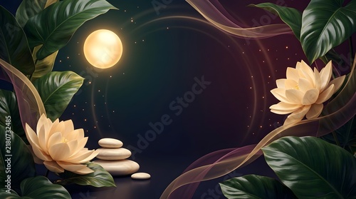 Mystical tropical floral background with glowing moonlight, white flowers, lush foliage and circular light creating an enchanting atmosphere