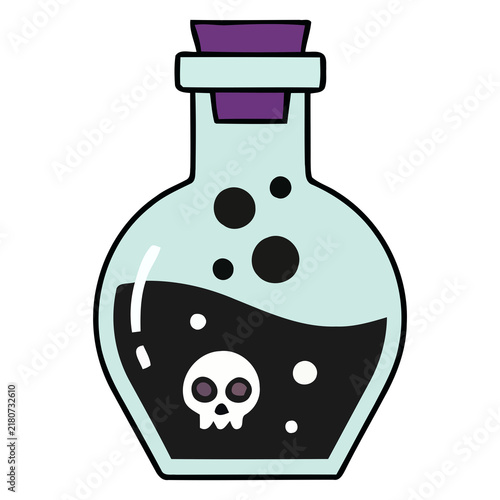 Fotografie Cartoon Poison Potion Flask with Skull Icon and Dark Liquid