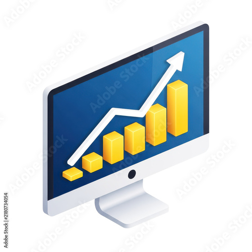 Computer monitor displays a vibrant yellow bar graph with a white arrow pointing upwards indicating growth.