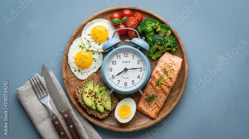 Naklejka Intermittent fasting diet concept featuring a clock timer with healthy keto low carb food on a plate.