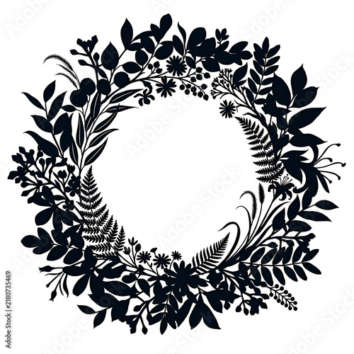 Black Floral Wreath Silhouette with Botanical Leaves, Ferns, and Wildflowers Isolated on White Background Vector Illustration