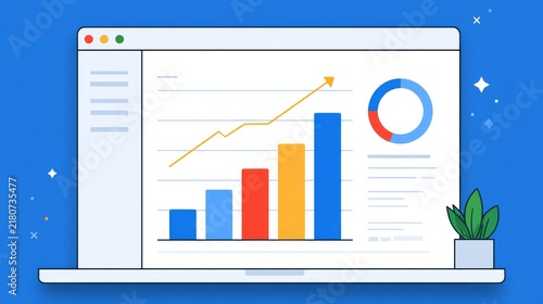 Colorful bar charts and graphs displaying growth trends on a laptop screen with a blue background and a potted plant enhancing the workspace aesthetics