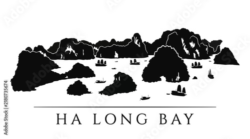 Ha Long Bay silhouette landscape isolated on white background.