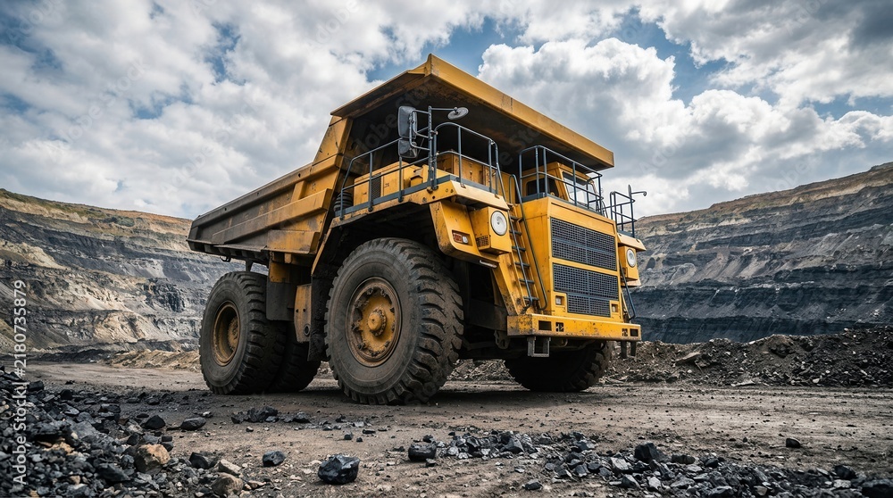 Fototapeta premium Large yellow mining dump truck extracting anthracite coal in an open pit mine.