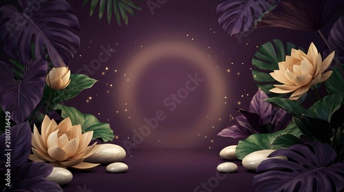 Mystical purple floral background with glowing circular light, white flowers and tropical foliage creating a magical meditation atmosphere
