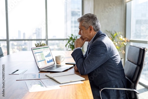 Focused Senior Businessman Analyzing Financial Data and Charts on Laptop in Modern Corporate Office