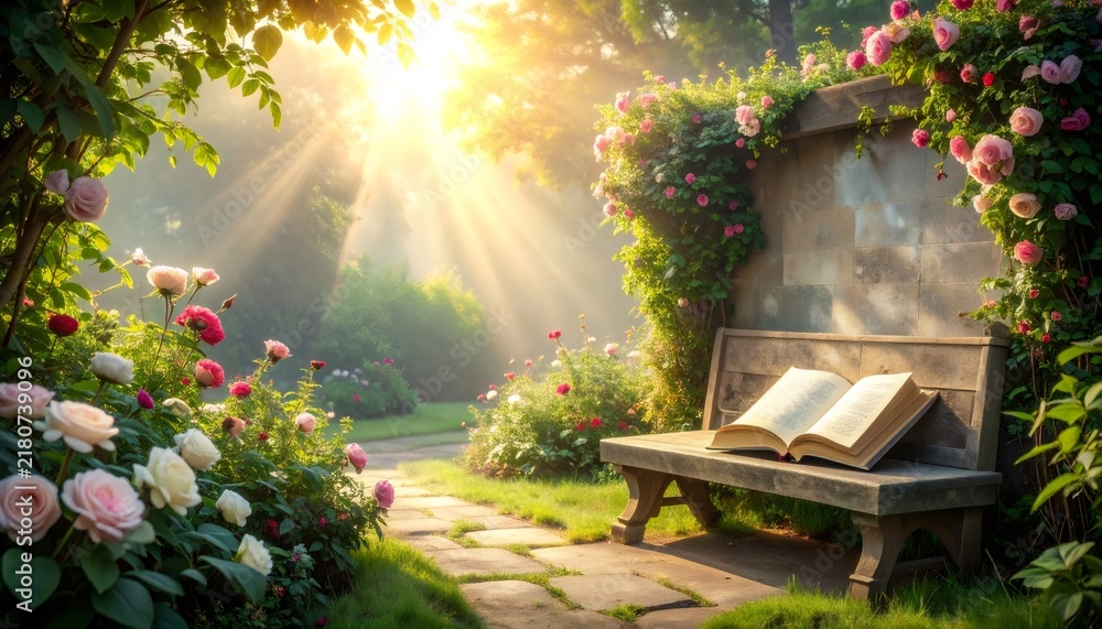 Obraz premium Open book on garden bench in sunlit rose garden