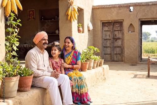 Happy Indian Farmer Family Sitting and Laughing Together Outside Their Traditional Rural Home Courtyard