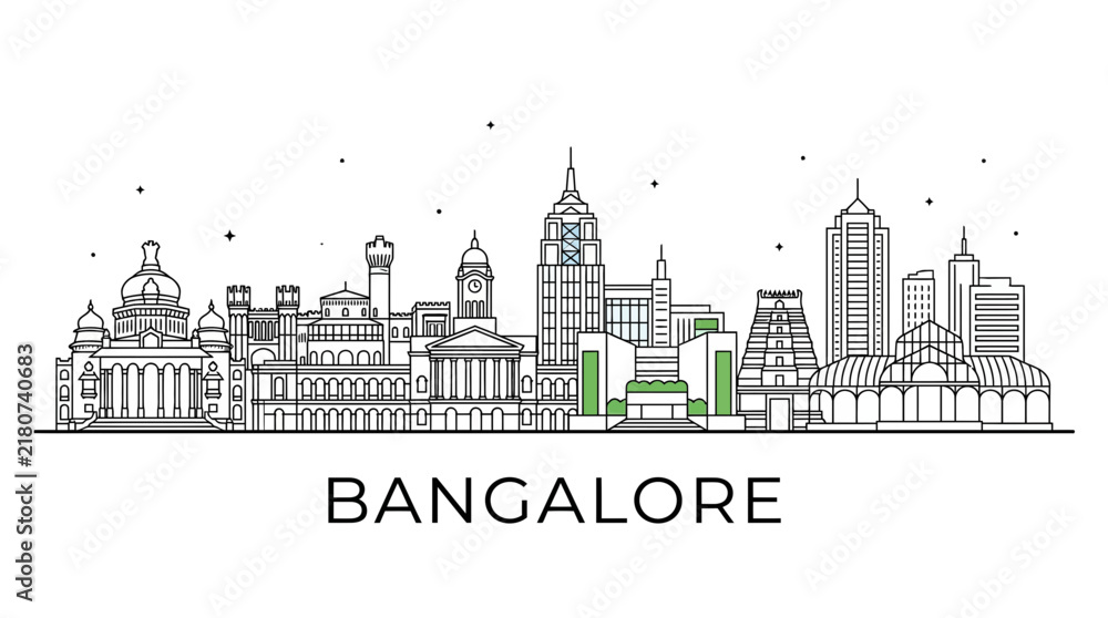 Obraz premium Bangalore city skyline minimalist line art illustration.