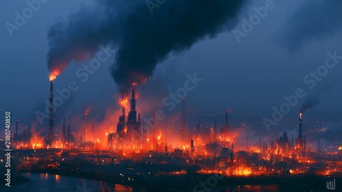 Fiery Blaze at Industrial Complex with Smoky Atmosphere Capturing Dramatic Night Scene of Oil Refinery and Pollution Effects on Environment