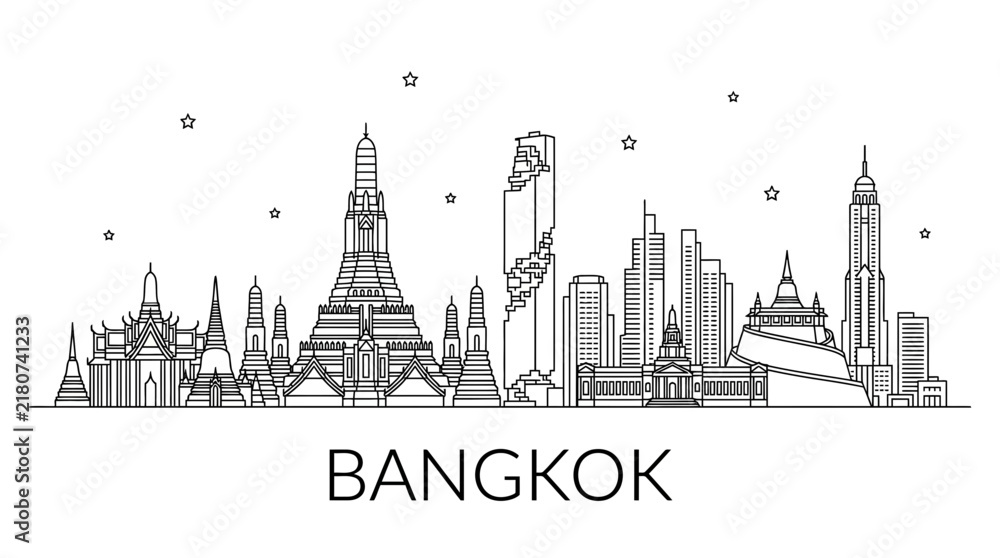 Obraz premium Bangkok Thailand skyline line art with ornate temples.