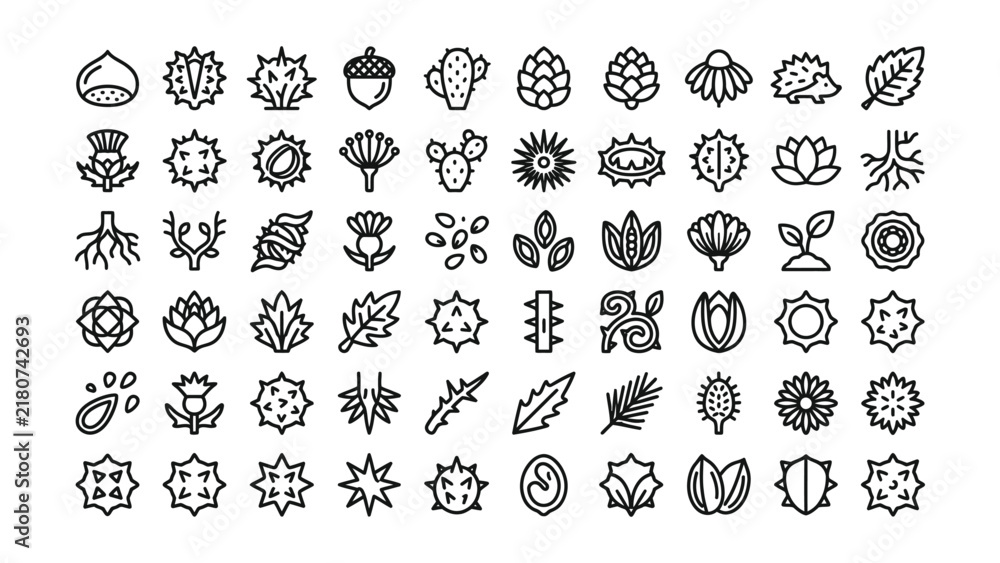 Fototapeta premium Collection of Minimalist Line Art Botanical Icons Featuring Various Plants Flowers and Seeds on Transparent Background
