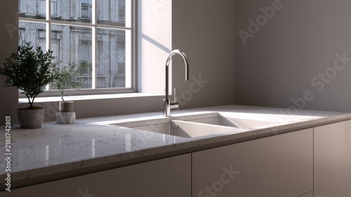 Modern Kitchen Interior Featuring Sleek Stainless Steel Faucet and Elegant Sink with Natural Light and Minimalist Design Elements