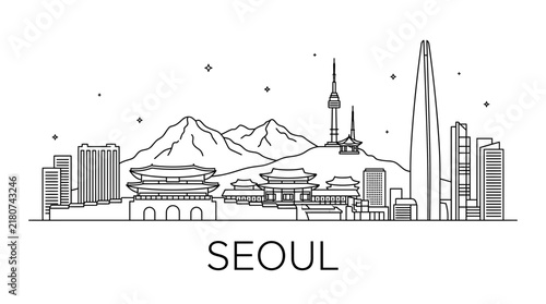 Seoul city skyline line art featuring mountains and palaces.