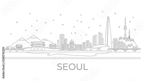 Seoul city skyline line art illustration.