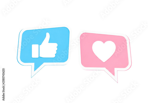 Social media like and heart icons in blue and pink speech bubbles on transparent background for online interaction and engagement.