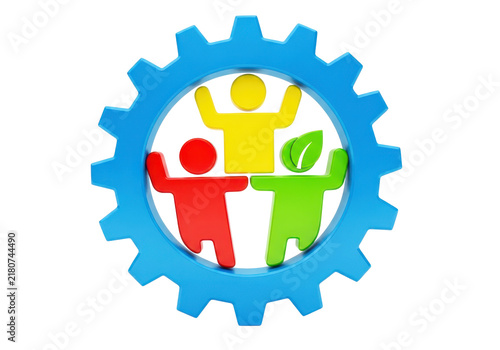 Teamwork concept with colorful figures inside a blue gear symbol representing collaboration and unity.