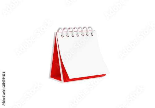A clean 3d render of a blank desk calendar with a red base and white pages bound by a silver spiral for planning and organization.