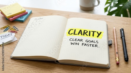 Open notebook with the word clarity and goals written