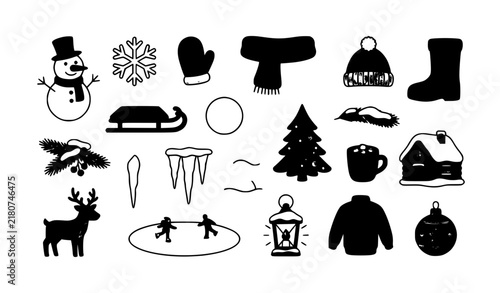 Bild auf Leinwand Christmas winter icon set with snowman snowflakes mittens scarf sled pine tree a