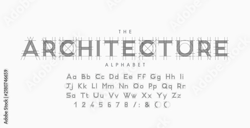 Architectural project font, technical draw style alphabet. Geometrical typography. Wireframe letters, typographic design with draft strokes for architecture logo and headline. Isolated vector typeset
