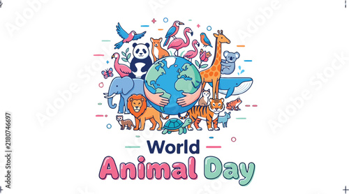 World Animal Day Wildlife Illustration with Globe and Diverse Fauna