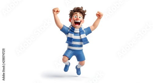 A 3D animated character of a brown-haired boy wearing blue clothes and a scarf, jumping with joy and raised arms to celebrate victory.