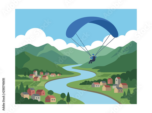 Paraglider flying over scenic valley landscape