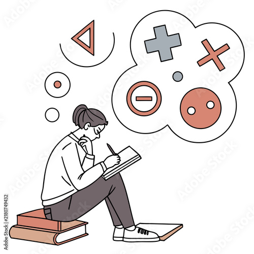 A young woman sitting on a stack of books and writing in a notebook with floating mathematical symbols in a flat style