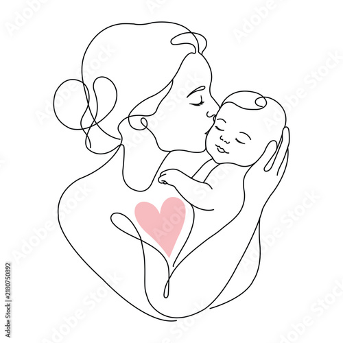 Mother Kissing Newborn Baby Continuous Line Art Vector Illustration