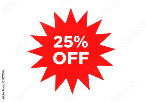 Red starburst shape with white text 25% off and off on transparent background for sale and discount promotions.