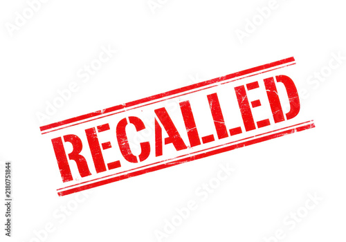 Red recalled stamp graphic with distressed texture isolated on transparent background for legal or product notifications.