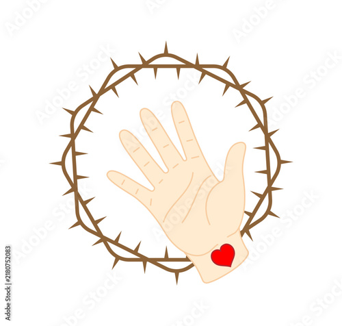 The hand of Christ with a crown of thorns and a red heart symbol. A symbolic representation of Jesus' sacrifice, featuring his hand, a crown of thorns, and a heart emblem on his wrist