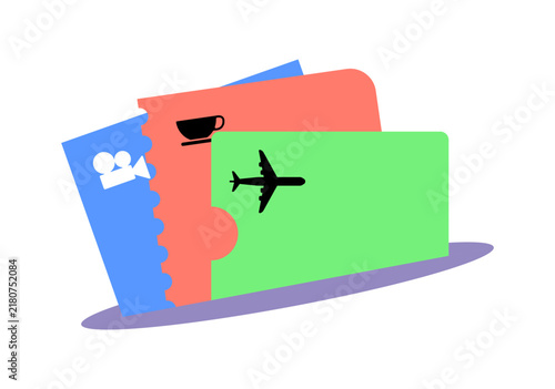Collection of colorful tickets for travel, cinema, and coffee experiences. A vibrant assortment of stylized tickets representing different leisure activities and travel opportunities