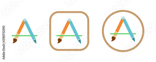 A collection of stylized icons representing creative tools, with a pencil and brush forming the drawing compass in various shapes
