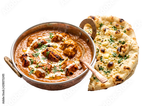 Bild auf Leinwand Authentic Indian Butter Chicken Curry Served With Garlic Naan Bread