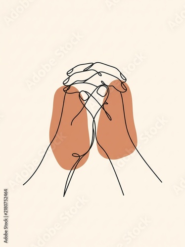 Praying Hands in Continuous Line Art Style with Minimalist Terracotta Color Blocks