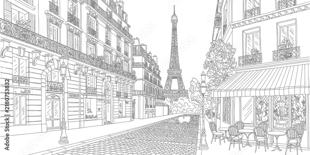 Obraz premium Paris street sketch with Eiffel Tower and cafe. Vintage urban vector illustration of city center and accommodation architecture. Detailed line drawing.
