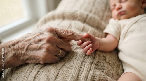 Tiny newborn baby hand holding a parent finger with gentle love and care in a soft home bedroom setting close up