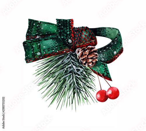 Fotografía Christmas green bow with a pine branch, a pine cone, red berries