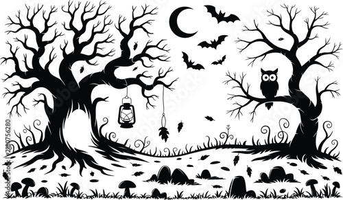 Spooky halloween landscape with twisted trees bats and crescent moon silhouette vector twisted tree bat flying black and white creepy woods dead tree halloween landscape