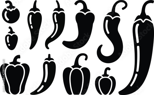 Collection of black and white chili peppers and bell peppers silhouette vectors with pepper vectors hot peppers spicy food pepper silhouettes food icons vegetable set