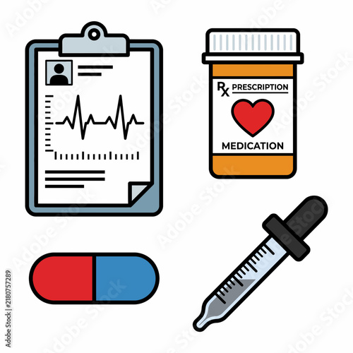 Collection of medical equipment vector icons including a clipboard with cardiogram, prescription bottle, pill capsule, and dropper for health care and diagnostic concepts